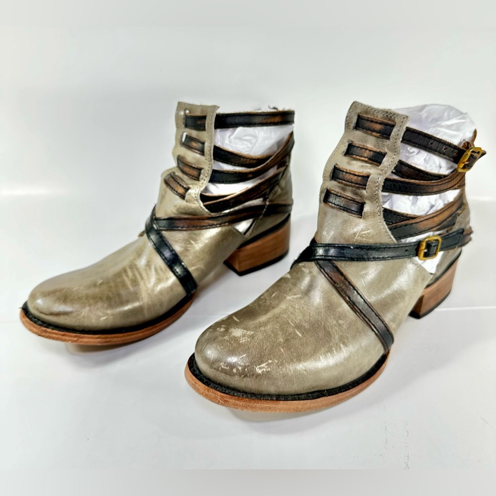 Freebird BY STEVEN STAIR STRAPPY ANKLE LEATHER BOOTS Gray Greenish SIZE 7